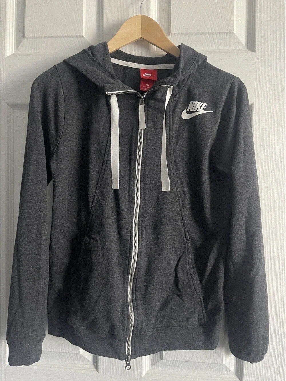 Nike Full Zip Hoodie Womens S Dark Gray Knit Pockets Logo Swoosh White Ribbon